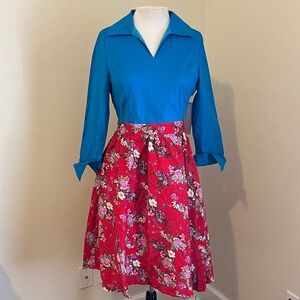 Lindy Bop Blue Top with Red Floral Skirt one Piece Midi Dress